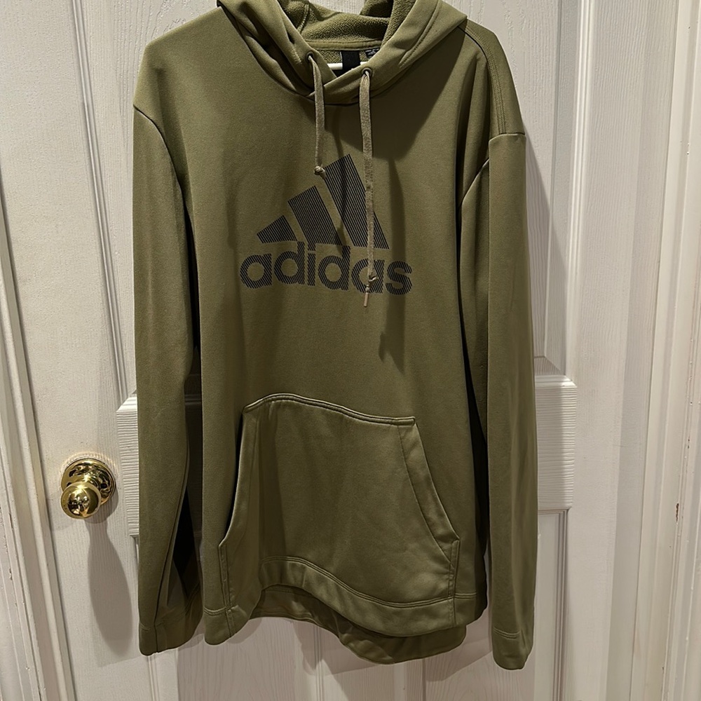 Adidas | Men's olive green Badge Of Sport Logo Fleece
Hoodie | Size: large
